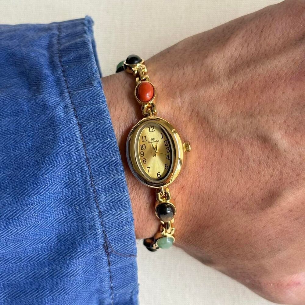 y2k cute gold round stainless steel quartz multi color stone charm watch